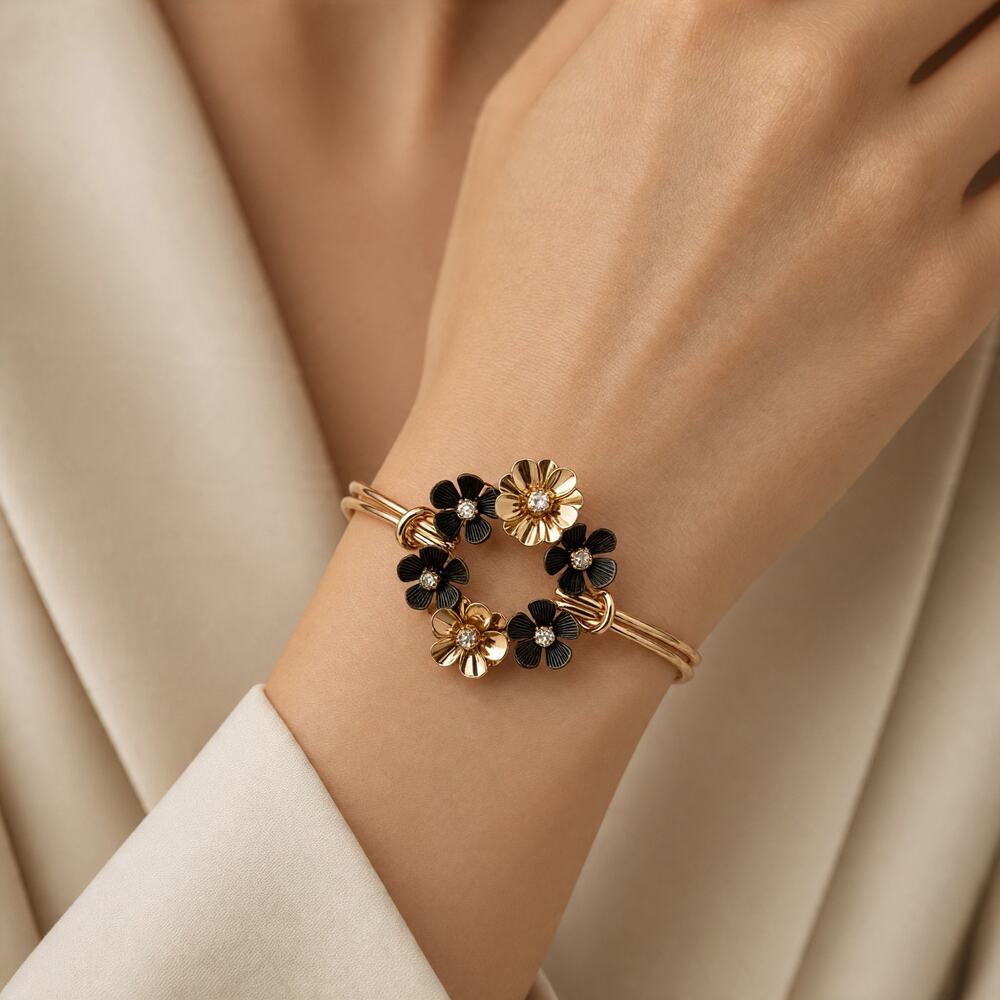 Gold Tone Black Flower Cuff Bracelet Crystal Rhinestone Floral Statement